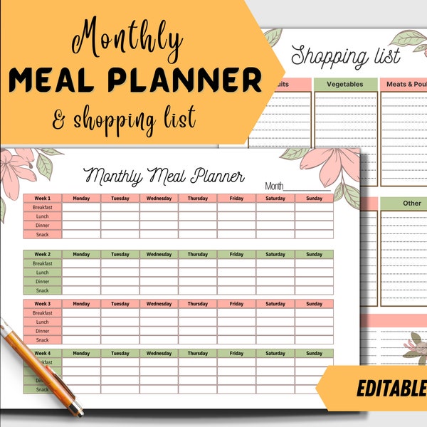 Monthly Meal Planner Printable | Grocery List | Menu Planner Template | Editable Digital Shopping List PDF