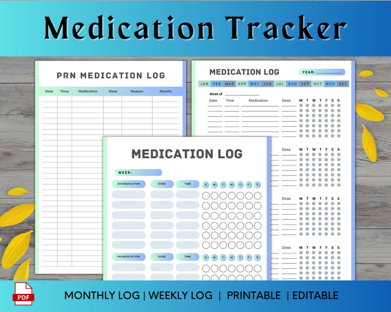 Three white and blue coloured print outs titled as follows: medication log and PRN medication log. An icon of PDF in left bottom the corner. A text that reads as medication tracker