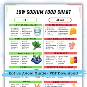 Low Sodium Food Chart Low Salt Foods Printable Poster High Sodium Foods to Avoid Hypertension High Blood Pressure Kidney Disease Diet Guide