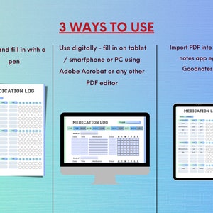 Op de afbeelding: Een digitaal, printbaar medicatie-logboek met drie verschillende manieren om het te gebruiken: printen en invullen met een pen, digitaal gebruiken op een tablet of computer, of de PDF importeren in een notitie-app. Het logboek bevat een kalender, de naam van het medicijn, de dosis en de tijd.