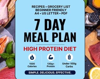 High Protein Meal Plan 7 Day Weight Loss Diet Plan 1500 Calorie Low Carb High Protein Recipes Grocery List Printable PDF Meal Prep Guide
