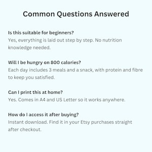 Common questions answered slide for 800 calorie meal plan covering beginner suitability hunger concerns printing options and how to access after purchase