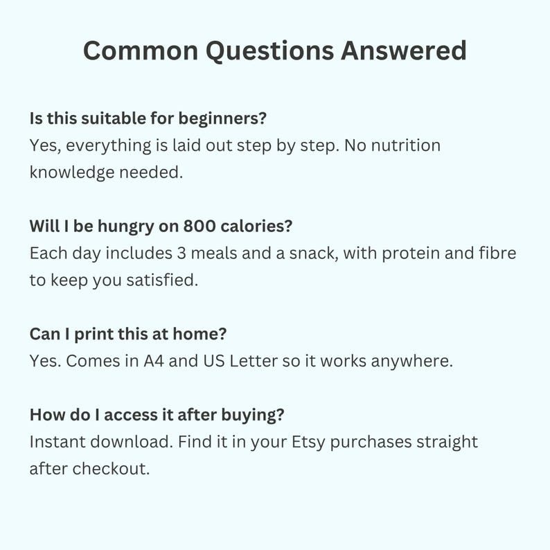 Common questions answered slide for 800 calorie meal plan covering beginner suitability hunger concerns printing options and how to access after purchase
