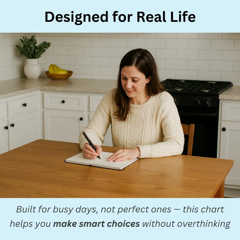 Busy mom planning meals at the kitchen table with the kidney friendly food list — a smart visual tool for simplifying daily nutrition choices.
