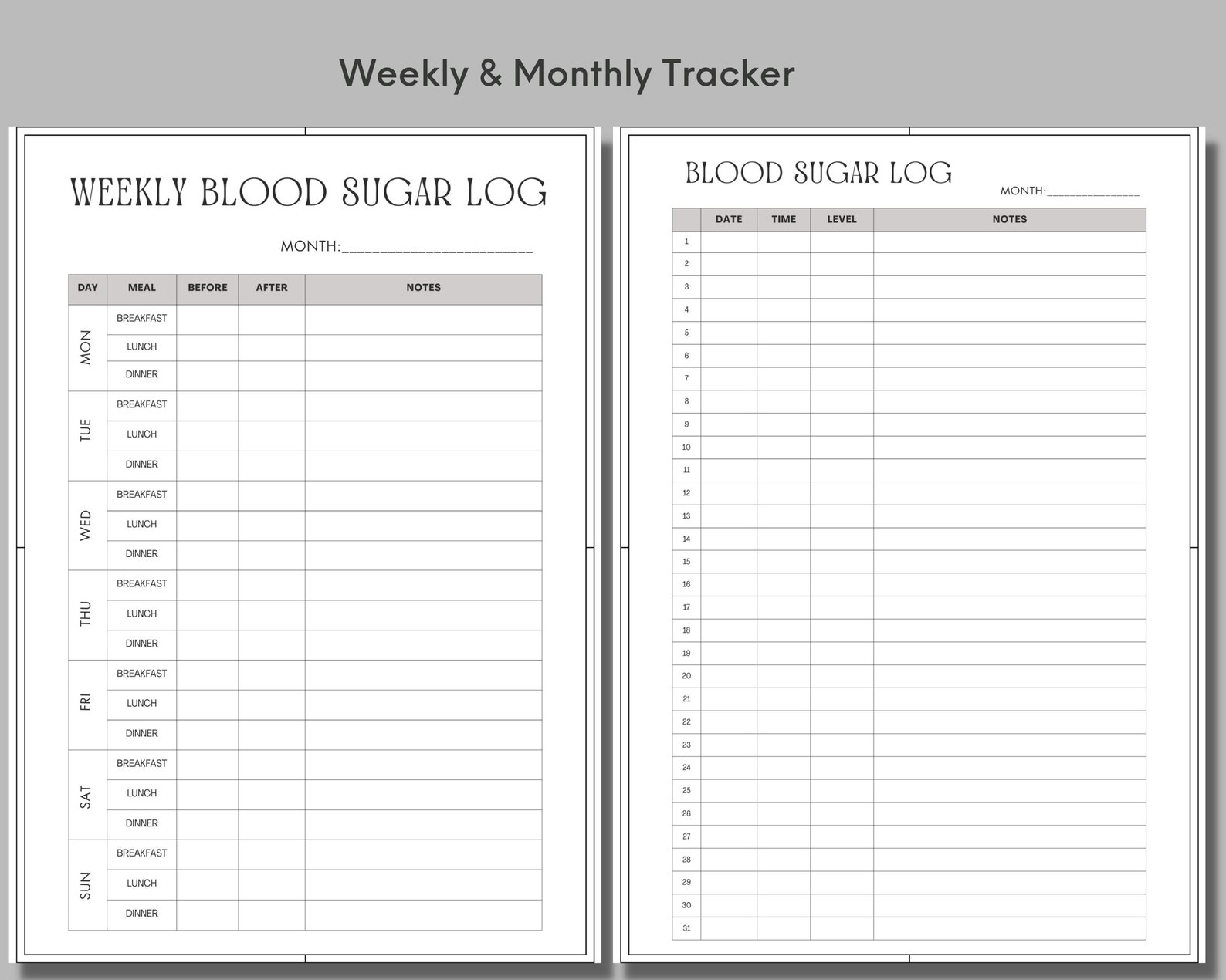 Blood Sugar Log Printable Glucose Tracker Monthly Blood Sugar Journal