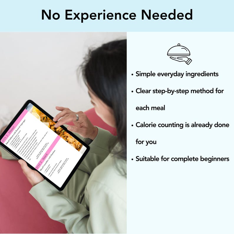 No experience needed slide for 800 calorie meal plan showing simple ingredients clear instructions and no calorie counting required suitable for complete beginners