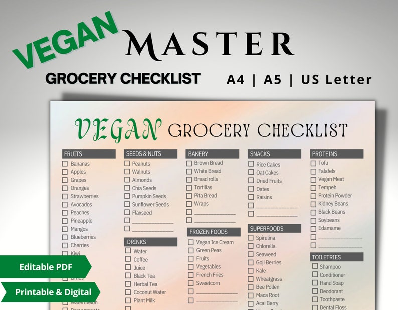 Healthy Grocery List Printable Vegan Grocery Checklist - Etsy