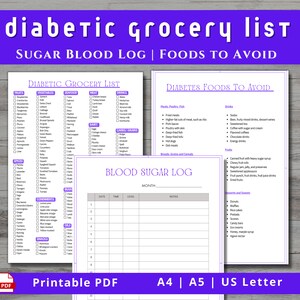 Diabetic Food List Printable PDF Type 2 Diabetes Grocery List Blood Sugar Log Low GI Food List of Foods to Avoid with Diabetes Low Sugar