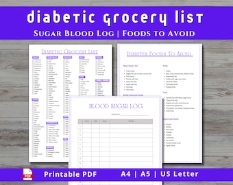 Diabetic Food List Printable PDF, Type 2 Diabetes Grocery List, Blood Sugar Log, Low GI Food List, List of Foods to Avoid with Diabetes