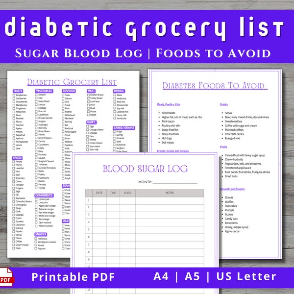 Diabetic Food List Printable PDF Type 2 Diabetes Grocery List Blood Sugar Log Low GI Food List of Foods to Avoid with Diabetes Low Sugar