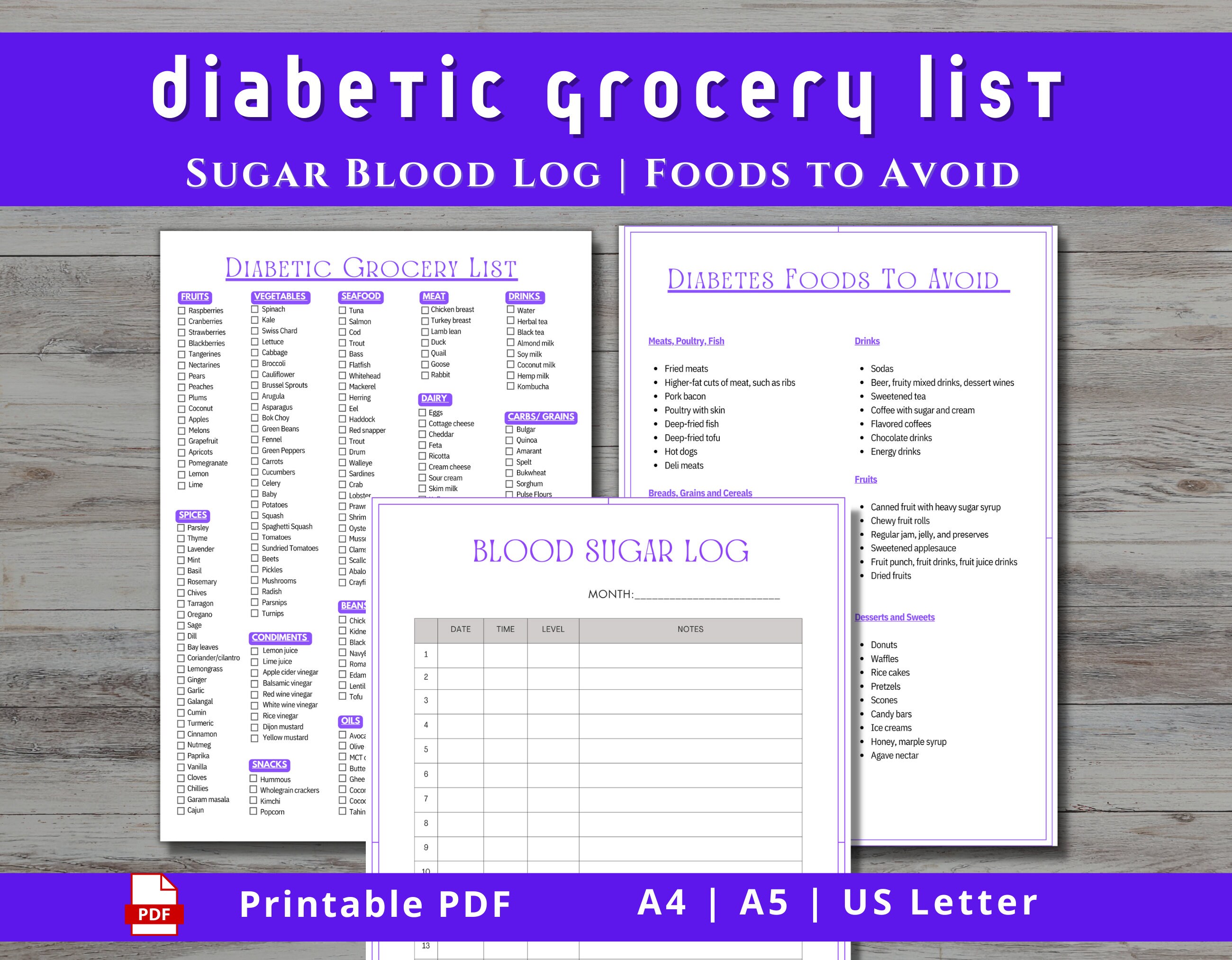 Diabetic Food List Printable PDF Type 2 Diabetes Grocery List Blood Sugar Log Low GI Food List