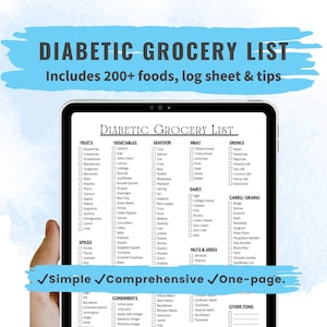 Diabetic Food List Printable PDF Grocery Guide for Type 2 Diabetes Blood Sugar Log Low GI Foods to Avoid Low Sugar Shopping List Digital