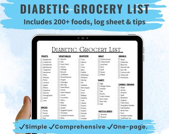 Diabetic Food List Printable PDF Grocery Guide for Type 2 Diabetes Blood Sugar Log Low GI Foods to Avoid Low Sugar Shopping List Digital
