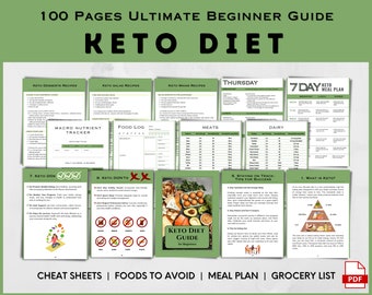 Keto Diet for Beginners Guide, Keto Recipes, Ketogenic Diet Planner, Printable Keto Food List Net Carbs, Low Carb Meal Plan, Keto Journal