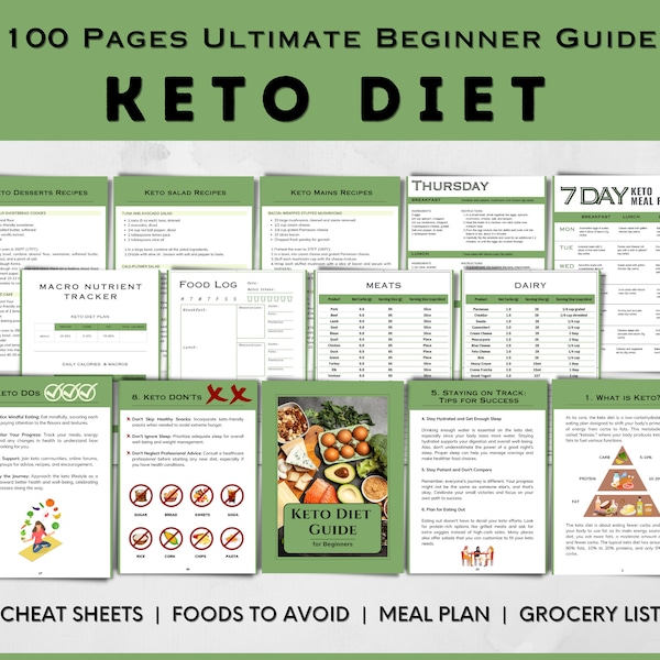 Keto Diet for Beginners Guide, Keto Recipes, Ketogenic Diet Planner, Printable Keto Food List Net Carbs, Low Carb Meal Plan, Keto Journal