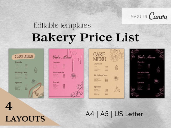 Editable Bakery Price List Printable Cupcake Menu Cake - Etsy