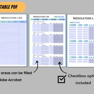 Op de afbeelding: Drie afdrukbare medicatielogboek sjablonen met blauwe en groene accenten. De eerste sjabloon is voor PRN-medicatie, de tweede is voor dagelijkse medicatie en de derde is voor wekelijkse medicatie. De sjablonen zijn bewerkbaar in Adobe Acrobat.