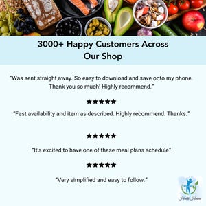 3000 plus happy customers across our shop slide showing verified buyer reviews for Health Heaven 800 calorie meal plan with 5 star ratings