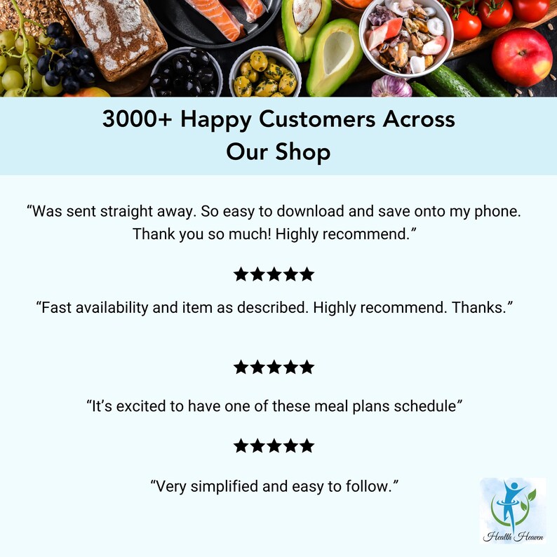 3000 plus happy customers across our shop slide showing verified buyer reviews for Health Heaven 800 calorie meal plan with 5 star ratings