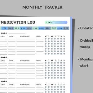 Op de afbeelding: Een afdrukbare medicatie-logboek sjabloon met een kalenderindeling. De sjabloon is verdeeld in vier weken en bevat kolommen voor datum, tijd, medicatie, dosering en dagen van de week. De sjabloon is niet gedateerd en begint op maandag.