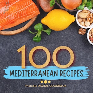 May include: A digital cookbook cover with the text "100 Mediterranean Recipes" in gold letters on a blue banner. The image includes salmon, a lemon, onions, nuts, and other ingredients.