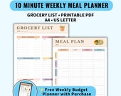 Printable Meal Planner With Grocery List PDF Weekly Family Food Planning Template A4 US Letter Size Simple Shopping List Meal Prep