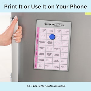 Print it or use it on your phone slide showing 800 calorie meal plan on printed sheet and digital device confirming A4 and US Letter both included