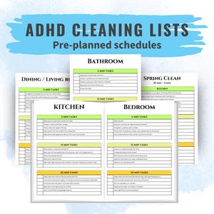 Puede incluir: Una lista de verificación imprimible para limpiar diferentes habitaciones de una casa. La lista de verificación está dividida en secciones para el baño, el comedor, la cocina, el dormitorio y la limpieza de primavera. Cada sección tiene una lista de tareas para completar, organizadas por incrementos de tiempo: 5 minutos, 15 minutos y 30 minutos.