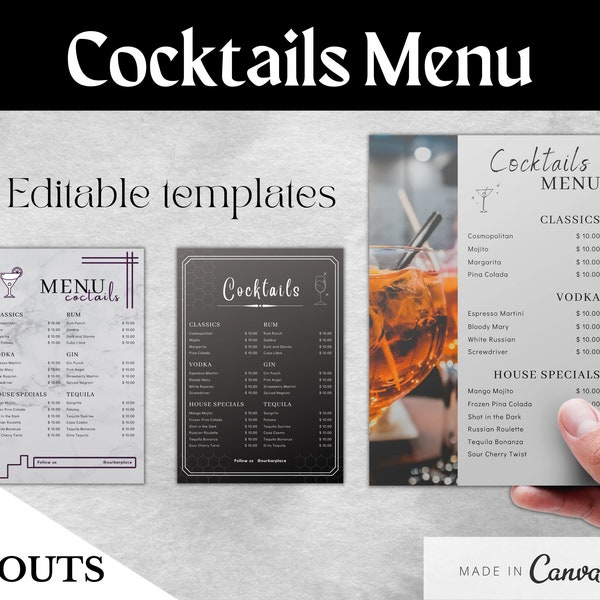 Editable Bar Menu Template | Printable Drinks Menu | Cocktails Menu Template | Bar Price List | Restaurant Drinks Menu