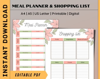 Editable Meal Planner Printable | Weekly Meal Planner Template | Grocery List Printable | Grocery List Editable | Printable Shopping List