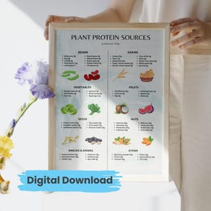 Plant Based Protein Chart Vegan Protein Sources Diet Cheat Sheet Highest Protein in Vegetables Food List Nutritional Guide Poster PDF