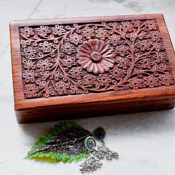 Wooden Hand Carved Floral Jewellery  box, vintage look Rosewood art Unique Gift for anniversary, wedding,  girlfriend