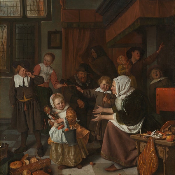 Jan Steen un artiste néerlandais Historique,Belle peinture classique Titre-La fête de Saint-Nicolas est une peinture à l’huile sur toile (1665-1668)