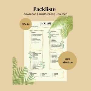 Pode incluir: Uma lista de verificação imprimível para férias de verão com um design de folha tropical. A lista de verificação é dividida em seções para itens essenciais, higiene, medicamentos, roupas e outros itens. O texto "Packliste" está no topo da lista de verificação, e o texto "zum Abhaken" está no canto inferior direito.