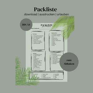 Pode incluir: Uma lista de verificação imprimível para férias, com um design de folhas tropicais. A lista de verificação é dividida em seções para itens essenciais, higiene, roupas, artigos de higiene pessoal e outros itens. O título da lista de verificação é "Packliste fur Manner", que se traduz como "Lista de embalagem para homens".
