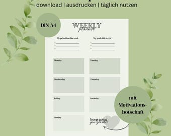 Weekly planner green DINA4 to print with motivational message