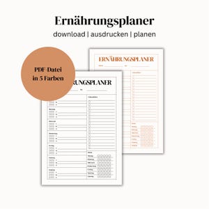 Könnte beinhalten: Zwei druckbare Ernährungsplaner-Seiten in Schwarzweiß mit orangefarbenem Text. Der Text auf der Seite lautet "Ernährungsplaner". Der Text lautet auch "download | ausdrucken | planen". Der Text auf der linken Seite lautet "PDF-Datei in 5 Farben".