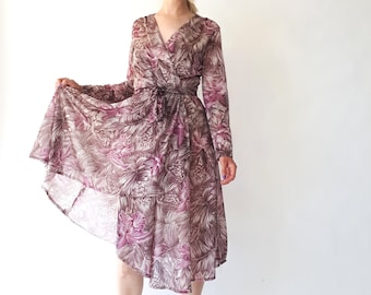 Vintage 70s Dress Floral Ballet Core Wrap Dress Pink and Purple Bohemian Disco Dancing Summer Dress