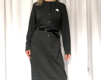 Vintage 80s St Michael Grey Knit Midi Dress, Casual 80s Sweater Dress Grey with Square Dot Pattern, Made in the UK Marks and Spencer