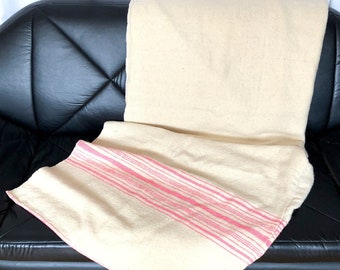 Vintage Thick Wool Blanket in Cream with Pink Stripes, Mid Century Modern Housewares, Twin / Throw Blanket Size