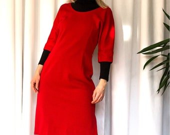 Vintage 60s Red Wool Dress, Knee Length 1960s Winter 100% Wool Red Fine Knit Dress with Belt, Made in Canada
