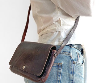 Vintage Small Leather Cross Body Bag, Brown Mini Purse, Thick Leather Bag, Leather Stitching Boho Bag