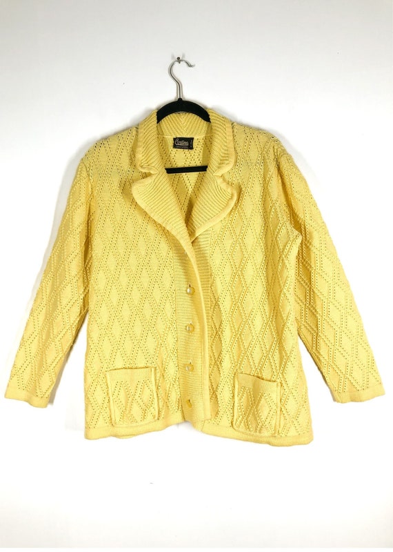 Vintage 70s Yellow Knit Cardigan Button Up Sweate… - image 1