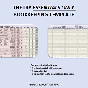 May include: A spreadsheet template for bookkeeping with three tabs: instructions with examples, easy setup, and transaction input for sales and expenses. The template supports any year.