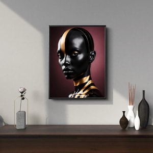 Futuristic Portrait of a Powerful Black Woman with Gold Stripes Luxury Digital Art Print Modern Afro Woman Wall Art for Home or Office Decor