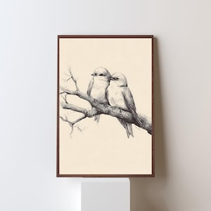 Lovebirds Line Art Printable – Minimalist Bird Wall Art, Hand Drawn Vintage Sketch, Romantic Digital Download for Bedroom Decor