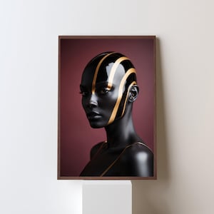 Futuristic Black Woman Portrait – Golden Abstract Face Art – Afro Futurism Digital Print – Glossy Modern Wall Art