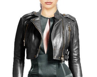 PROVOCATIVE Cropped Ladies Leather Jacket Golden Biker Rock Style Short Jacket