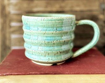Handmade Large Mug: Turquoise Green, Speckled Clay. Thrown on Pottery Wheel.