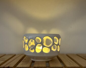 Handmade Ceramic Luminary: Bone White, Modern, Geometric Carving